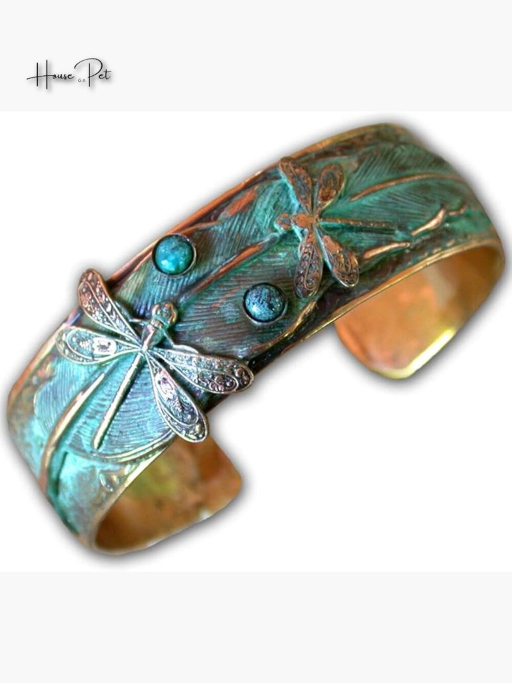 Handmade Solid Brass Cuff Bracelet with Turquoise Stone Dragonfly Design
